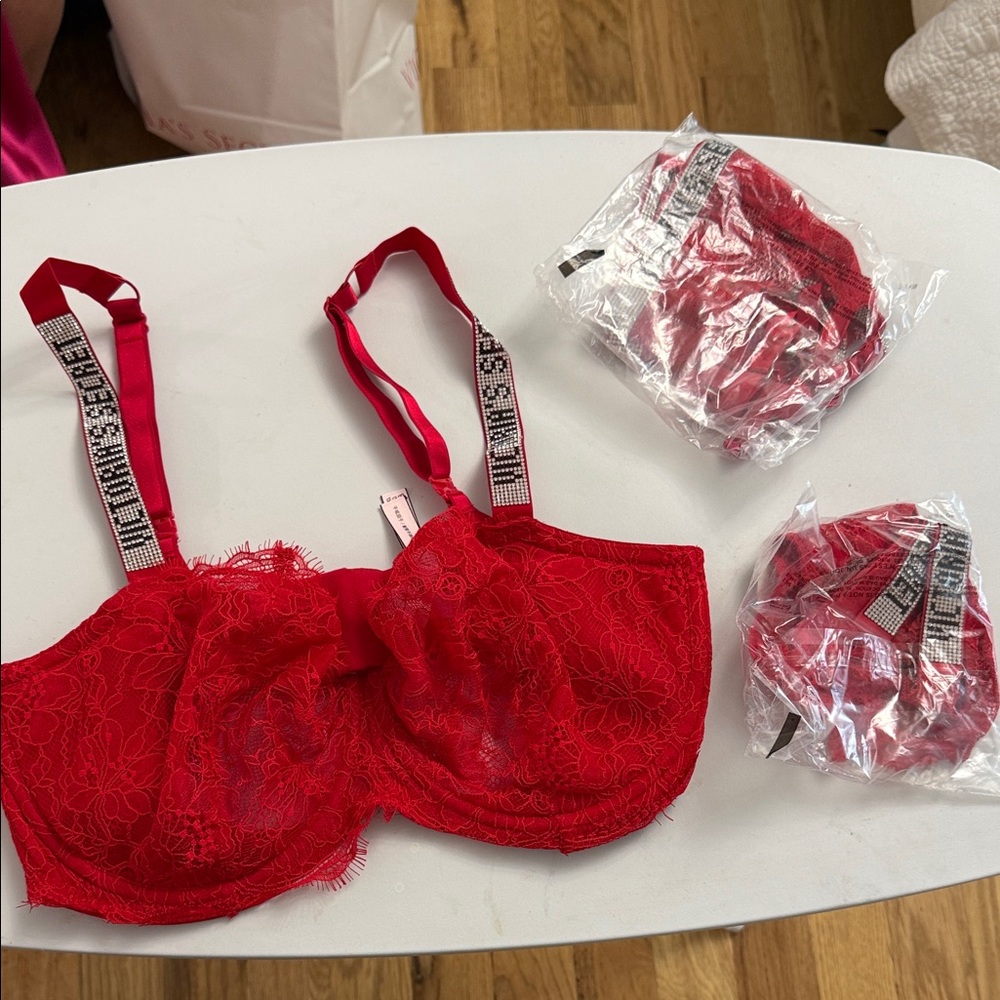 Victoria's Secret Red Lace Bra, Thong, and Garter